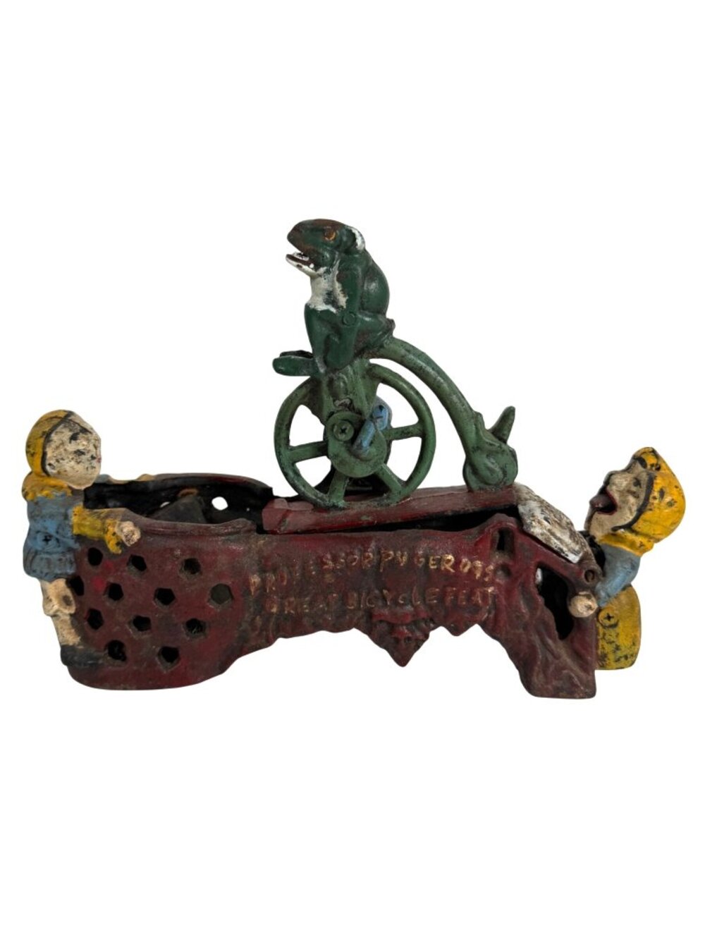Vintage "Professor Pug Frog's Great Bicycle Feat" Hand-Painted Cast Iron Bank